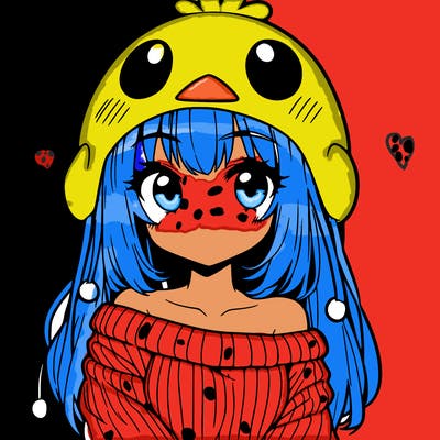 anime girl with chick shaped hat with sweater with bare shoulders with bangs covering them one eye with low tail