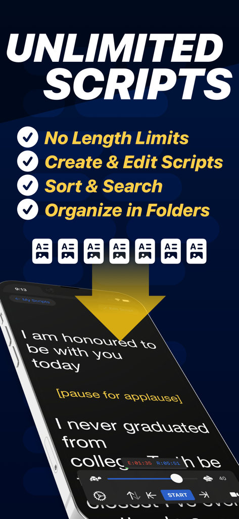 Teleprompter - A smartphone showing the Teleprompter app with a scrolling script and features for managing unlimited scripts.