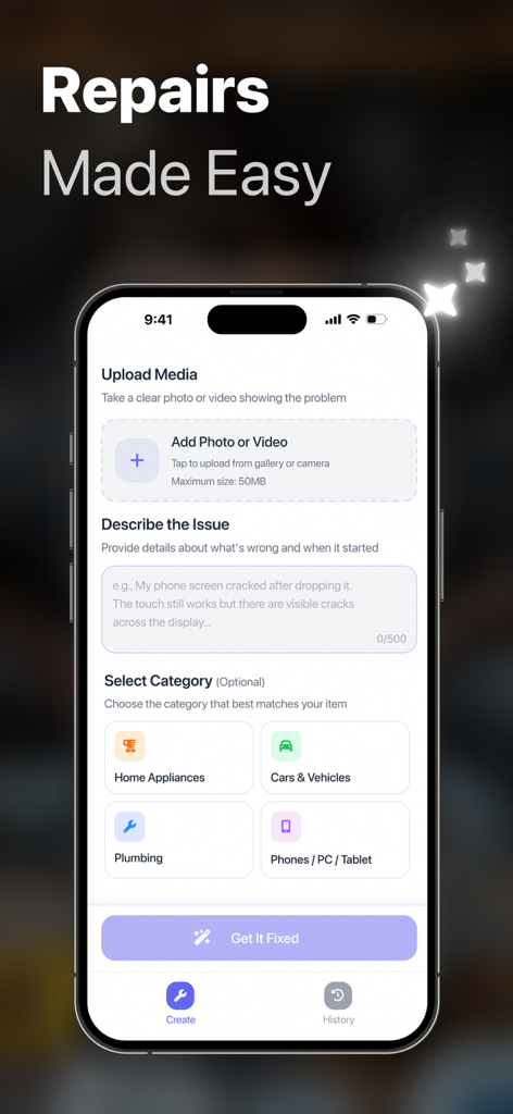 Interface of RepairBuddy AI Fix app for diagnosing home and vehicle repairs with options to upload media and describe issues