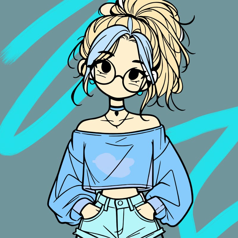 girl with a messy ponytail glasses a baggy crop top and jean shorts