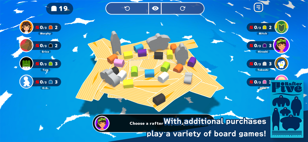 Let's Play! Oink Games - A digital board game session of Rafter Five showing balancing wooden planks and pieces over a blue sea background.