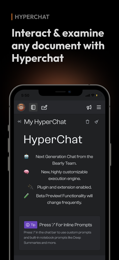Bearly AI - Bearly AI app screen showing the HyperChat interface for interacting with and examining documents on a mobile device