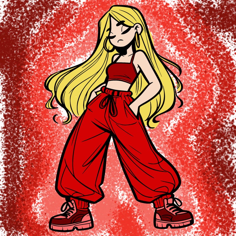 girl in baggy pants crop top and long hair