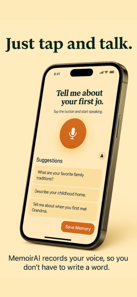 Smartphone screen displaying the voice recording interface and storytelling prompts of the Memoir app