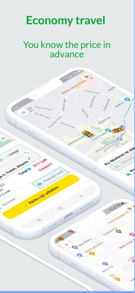 VrapOn Taxi Albania app interface showing upfront pricing and real-time car tracking on a map of Tirana.