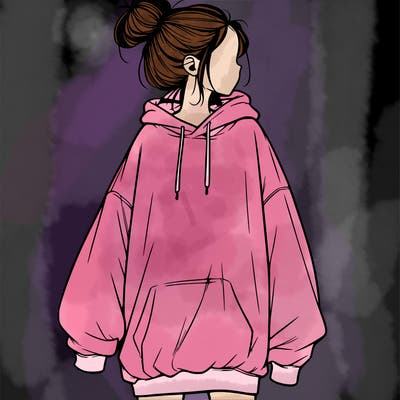 realistic girl with a oversized sweatshirt on and a bun