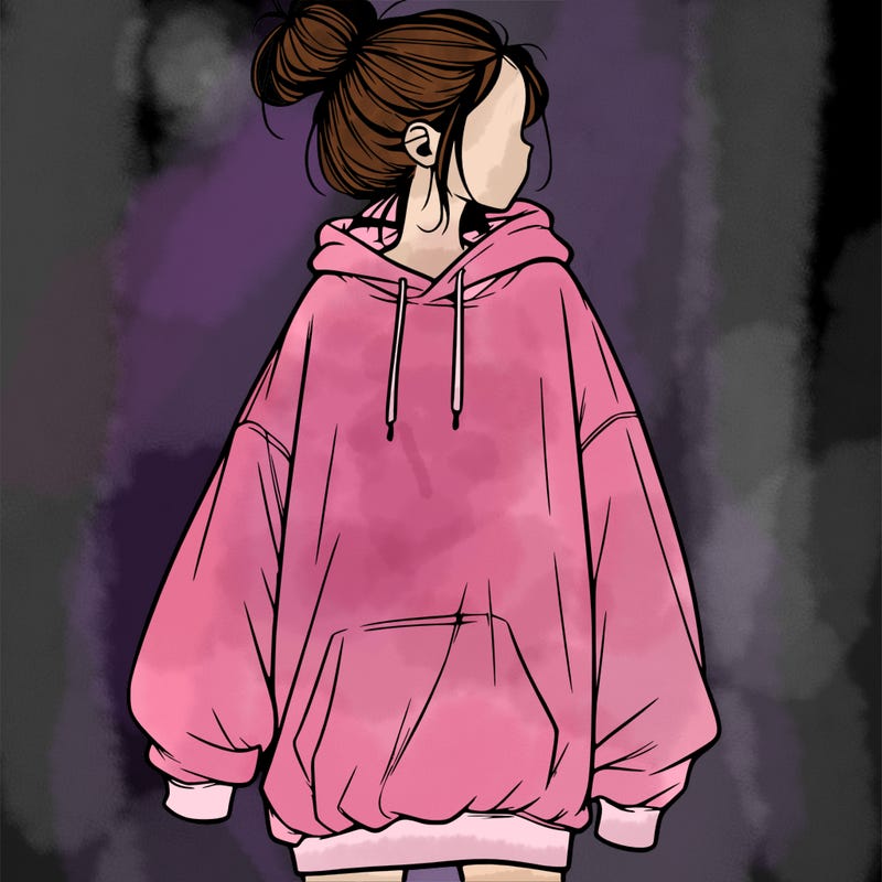 realistic girl with a oversized sweatshirt on and a bun