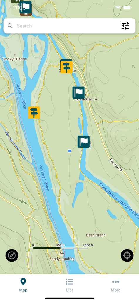 C&O Canal Explorer - Interactive map of the C and O Canal National Historical Park showing trails and points of interest markers.