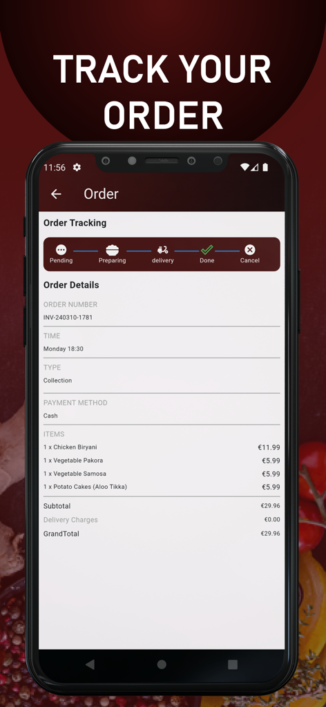 Khyber Garden - Smartphone displaying the order tracking and details page of the Khyber Garden food app