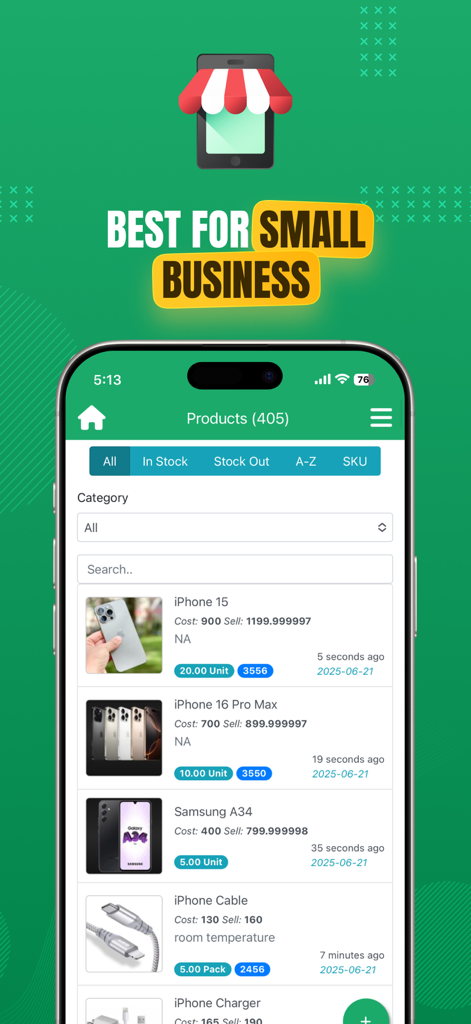 Tela de estoque do aplicativo Registro Diário de Vendas mostrando uma lista de produtos eletrônicos com preços e níveis de estoque para pequenas empresas