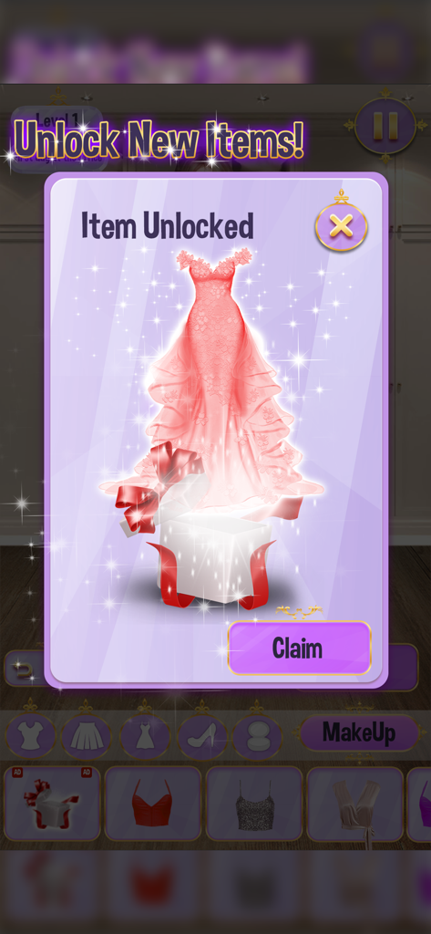 Fashion Makeup Makeover Games - Un brillante vestido rosa desbloqueado como recompensa en un juego de transformación y maquillaje de moda