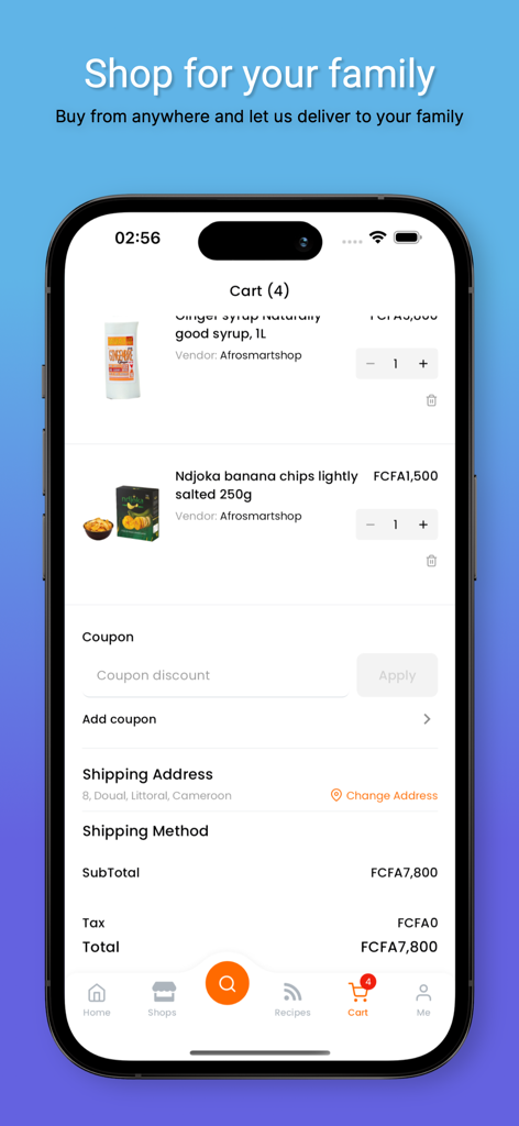 Afrosmartshop Cameroon - Afrosmartshop app checkout screen showing local products like banana chips for delivery to family in Cameroon