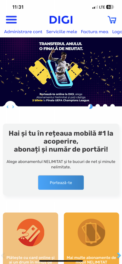DIGI.ro - Digi Romania mobile app interface showing account management and mobile network porting options