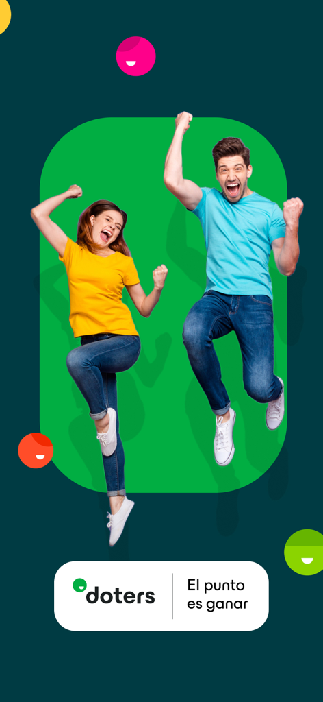 Doters App - Un hombre y una mujer saltando emocionados sobre el logo de Doters y el lema El punto es ganar