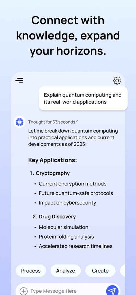 Q.AI - Ask AI Chatbot Deepseek - A screenshot of the Q.AI chatbot interface explaining quantum computing and its applications.