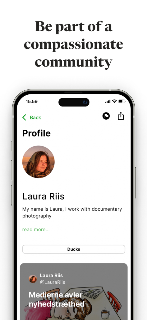 Duckling - A user profile screen in the Duckling app showing a documentary photographer named Laura Riis