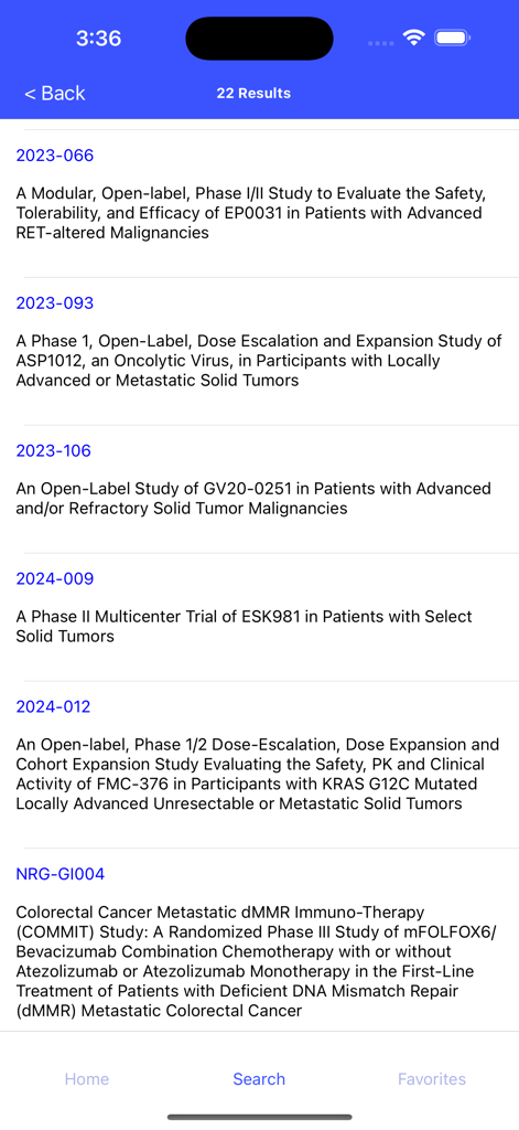 A list of oncology clinical trial search results within the KCI Trials mobile application