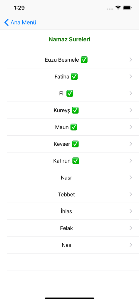 Sure ve Dua Ezberletici - List of Namaz Surahs in the Sure ve Dua Ezberletici app showing memorized items with checkmarks