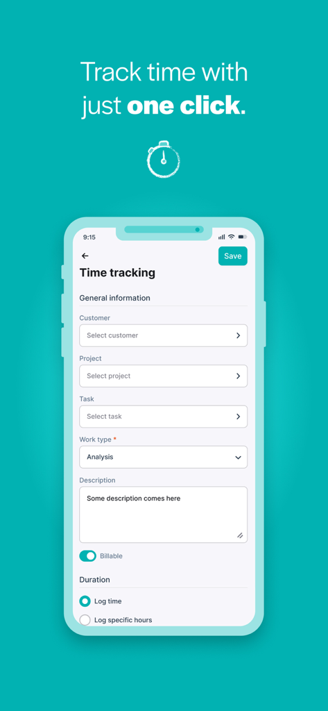 Teamleader Focus - Pantalla de la aplicación móvil Teamleader Focus para el seguimiento del tiempo del proyecto y las horas facturables