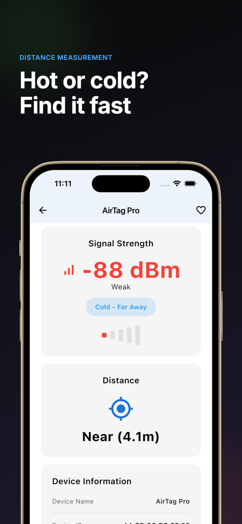 Tracker Detect + - Smartphone displaying distance measurement and signal strength for finding trackers in the Tracker Detect Plus app
