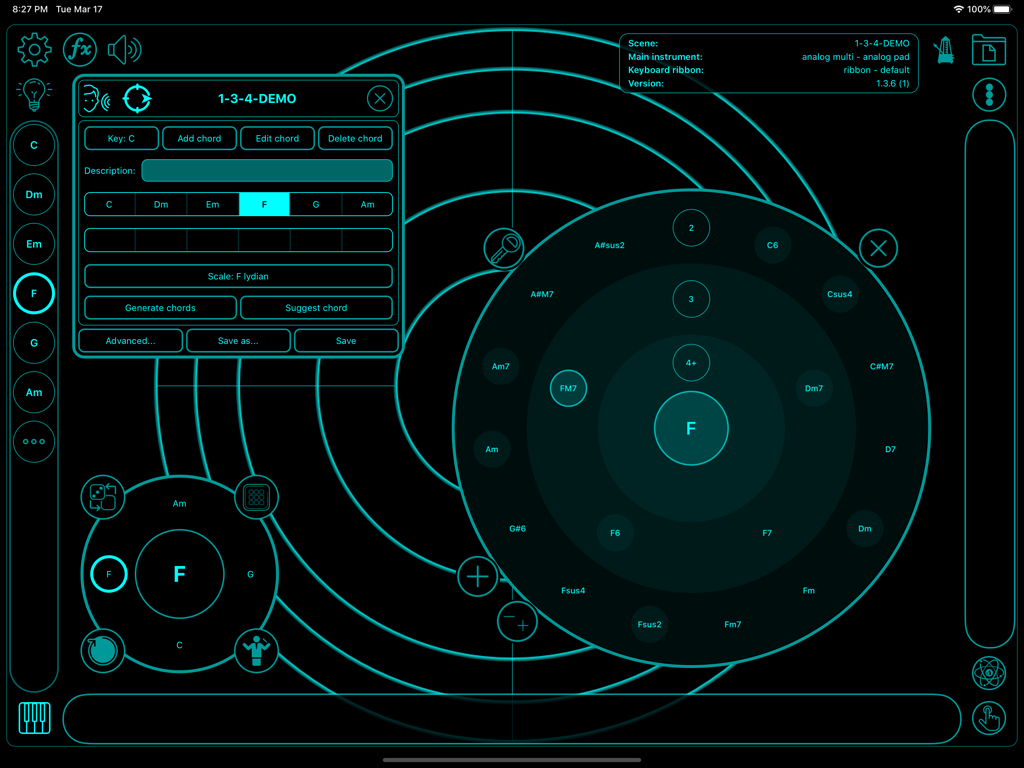 A screenshot of the Touchscaper app music production interface featuring a circular radar chord selector and generative composition tools