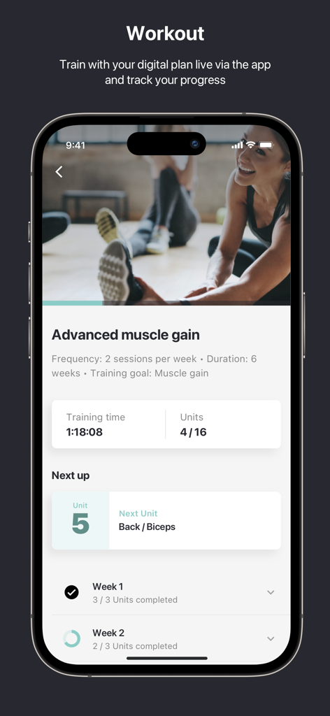 L'interface de l'application mobile Jims montrant un plan d'entraînement personnalisé pour le gain musculaire avancé et le suivi des progrès