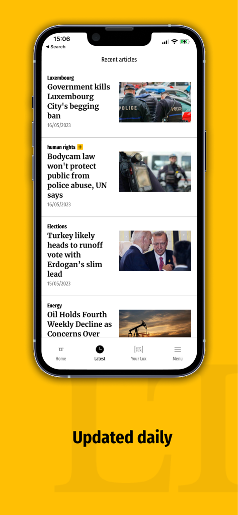 Luxembourg Times - スマートフォンにLuxembourg Timesアプリの最新ニュース記事が表示されています。背景は黄色で、「毎日更新」というテキストが表示されています。