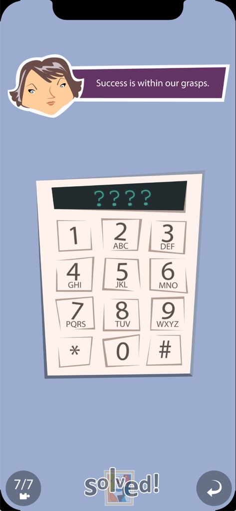 Mystery Puzzle Museum - A hand-drawn numeric keypad puzzle screen in the Mystery Puzzle Museum app showing a solved level with character dialogue