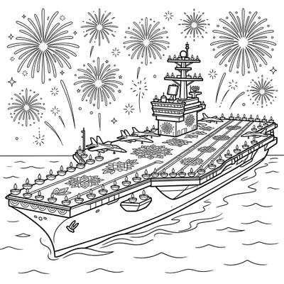 Embark on a creative journey with this one-of-a-kind coloring page featuring an aircraft carrier celebrating Diwali. Decked out with traditional diyas and rangoli, it's a powerful and festive scene ready for your vibrant imagination.
