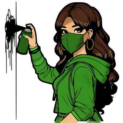 realistic girl with mask spray painting a wall