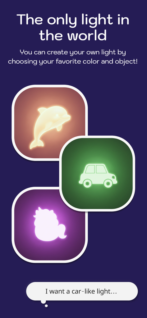 Nighty Lighty: Dim Flashlight - Customizable night light shapes including a dolphin, car, and unicorn in various colors