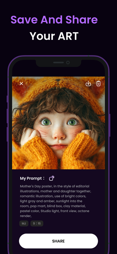 AI Fantasy- AI Image Generator - AI Fantasy app screen showing a generated portrait of a girl in a cat hood and the prompt used