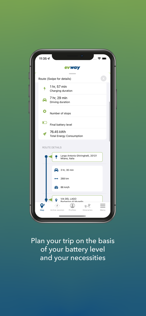 evway - Car Navigator eMX - evway app interface showing EV trip planning details including charging and driving duration