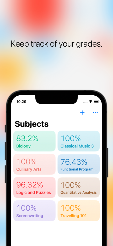 Tela do iPhone mostrando a interface do aplicativo percent com uma grade colorida de matérias escolares e suas porcentagens de notas atuais