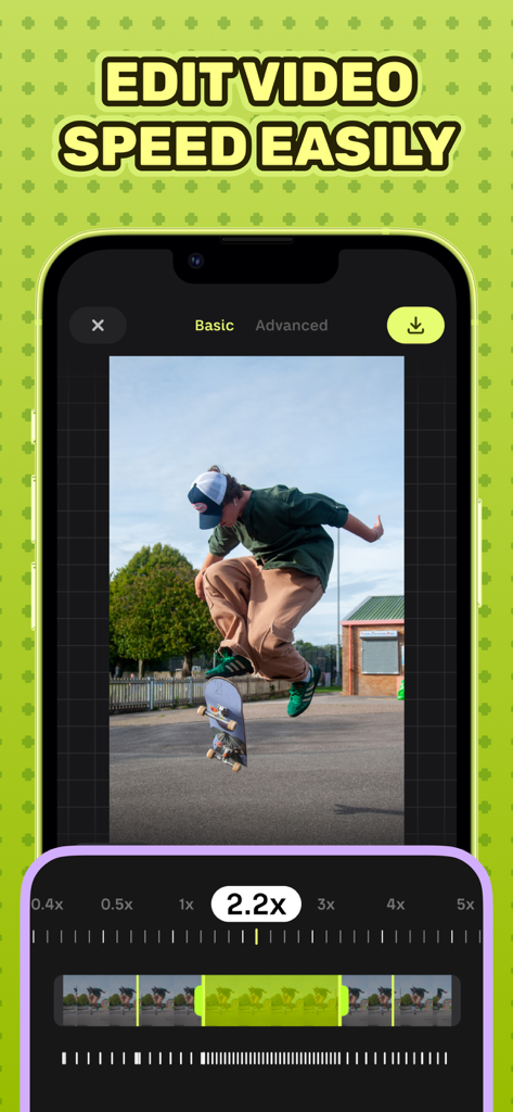 Speed Up Video - A smartphone screen displaying the Speed Up Video app interface with a skateboarding video and speed controls