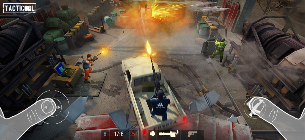 Top down tactical shooter gameplay of Tacticool featuring car combat and explosions