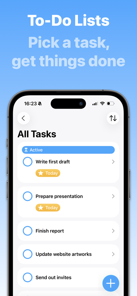 Focus - Timer for Productivity - Focus app to-do list screen displaying active tasks on an iPhone