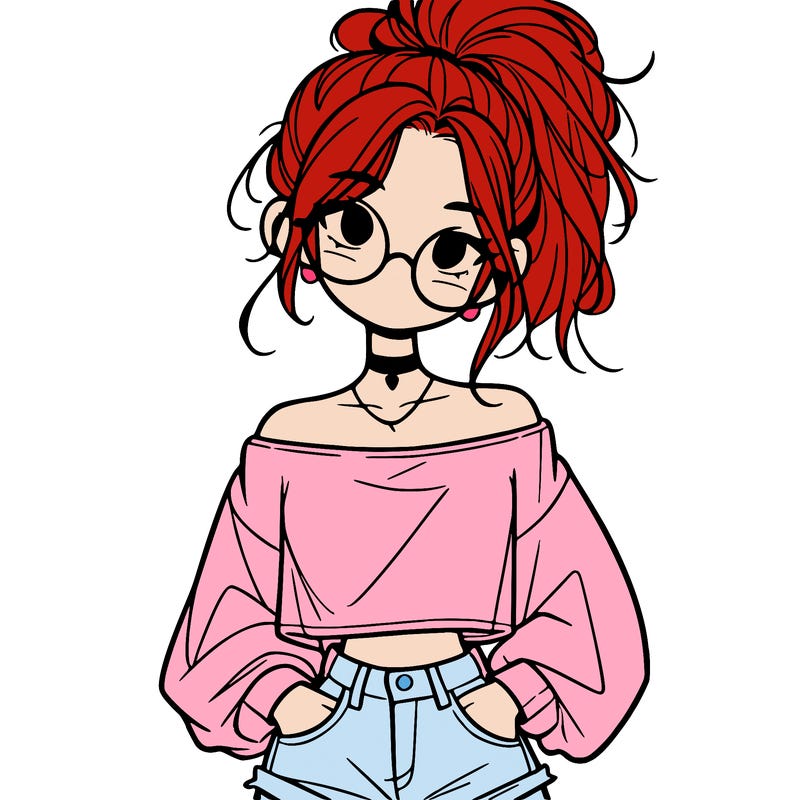 girl with a messy ponytail glasses a baggy crop top and jean shorts