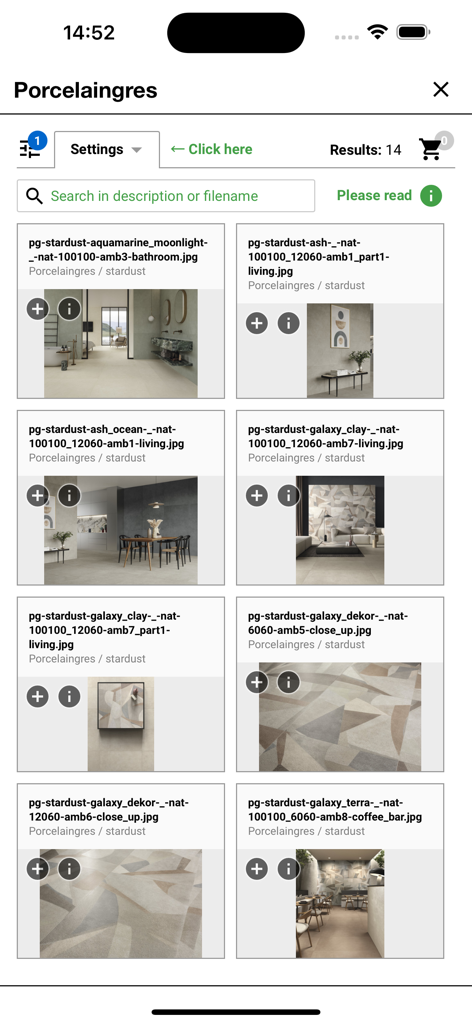 Porcelaingres - Porcelaingres app interface displaying a search results grid of ceramic tile catalogs and room designs.