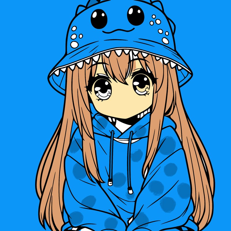 girl with anime shaped eyes with a dinosaur bucket hat oversized sweatshirt long straight hair