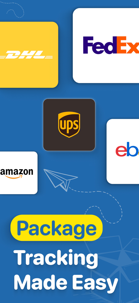 Package Tracker・Track Delivery - Package Tracker app showing logos for DHL FedEx UPS Amazon and eBay with text Package Tracking Made Easy