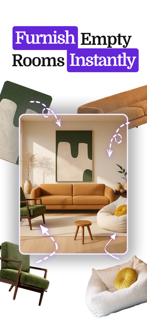 Home Design AI - Remodel Room - Visualización de diseño de interiores que muestra cómo amueblar habitaciones vacías instantáneamente usando IA