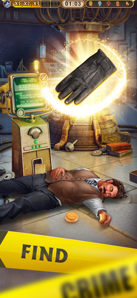 Mystery Manor: hidden objects - A detective investigation scene in Mystery Manor featuring a crime scene with a glowing black glove clue.