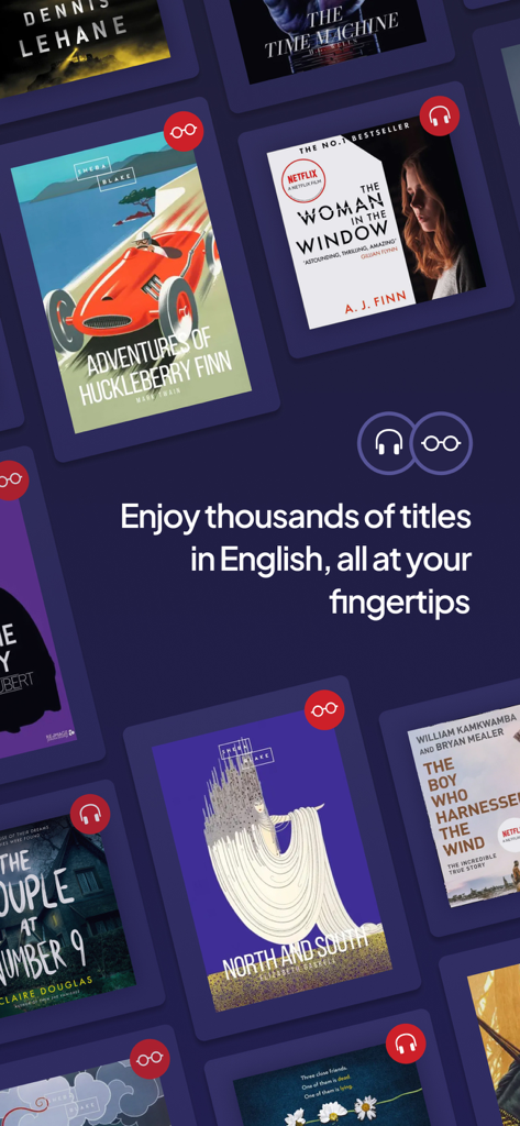 Voxa app screen showing various English audiobook and e-book covers like Huckleberry Finn and The Woman in the Window.