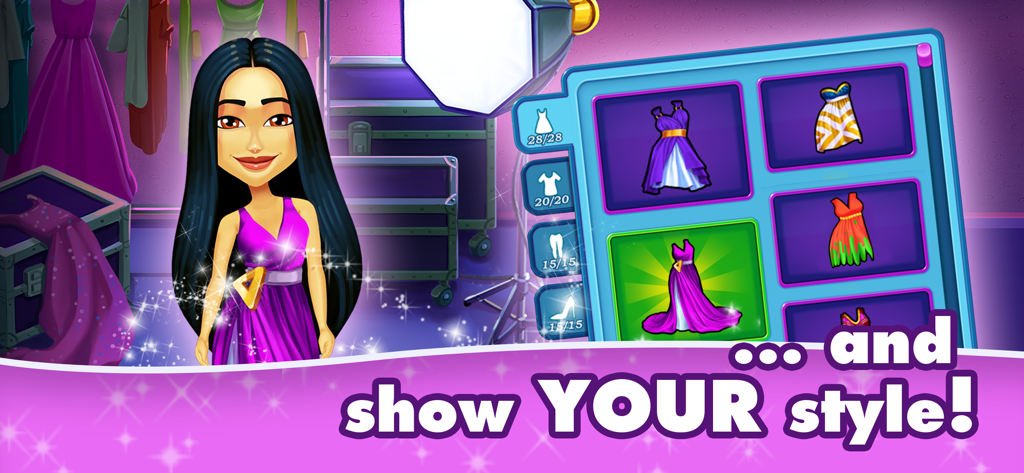 A character from Fabulous Angela choosing a designer dress in a fashion studio.