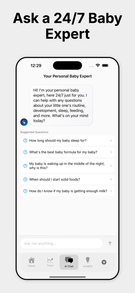 Nurtura: Baby Tracker - Interface of the Nurtura app showing the 24/7 AI Baby Expert chat feature with suggested parenting questions about sleep and feeding.