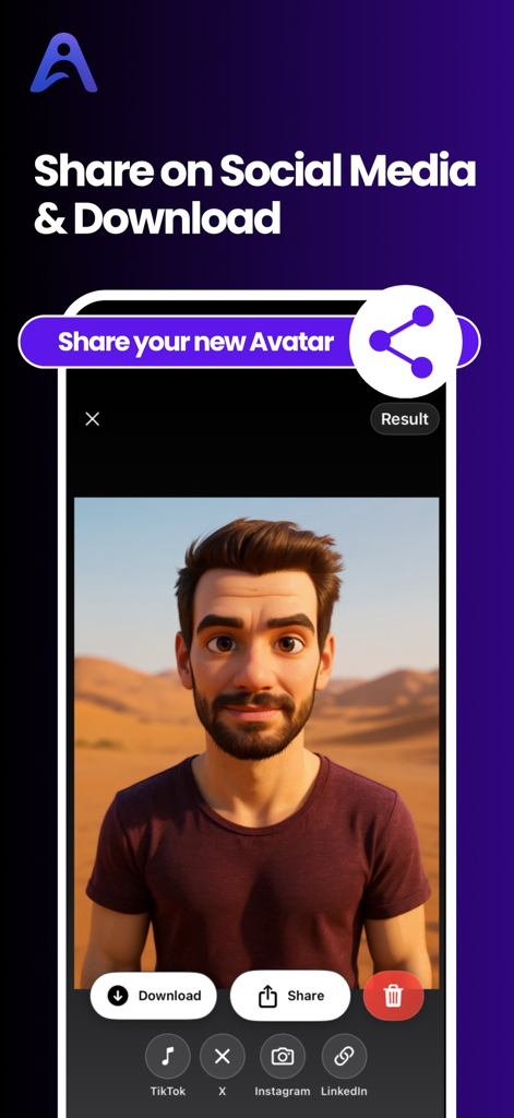 AI Avatar Generator & Animator - Interface for sharing and downloading a 3D AI avatar to social media platforms like TikTok and Instagram.
