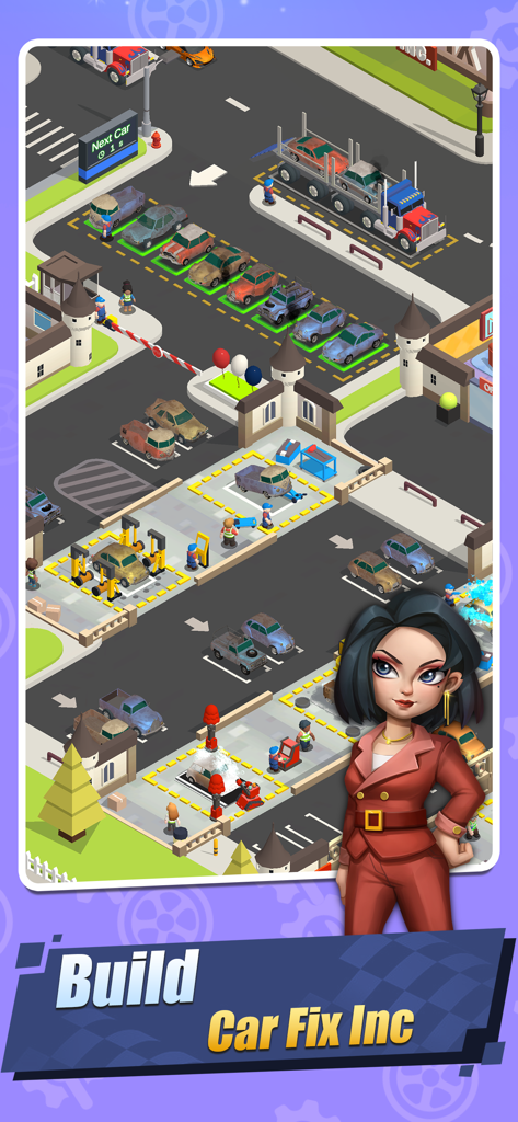 Car Fix Inc - Mechanic Garage - An isometric view of a car mechanic garage management layout with cars being repaired and a female character in the foreground.