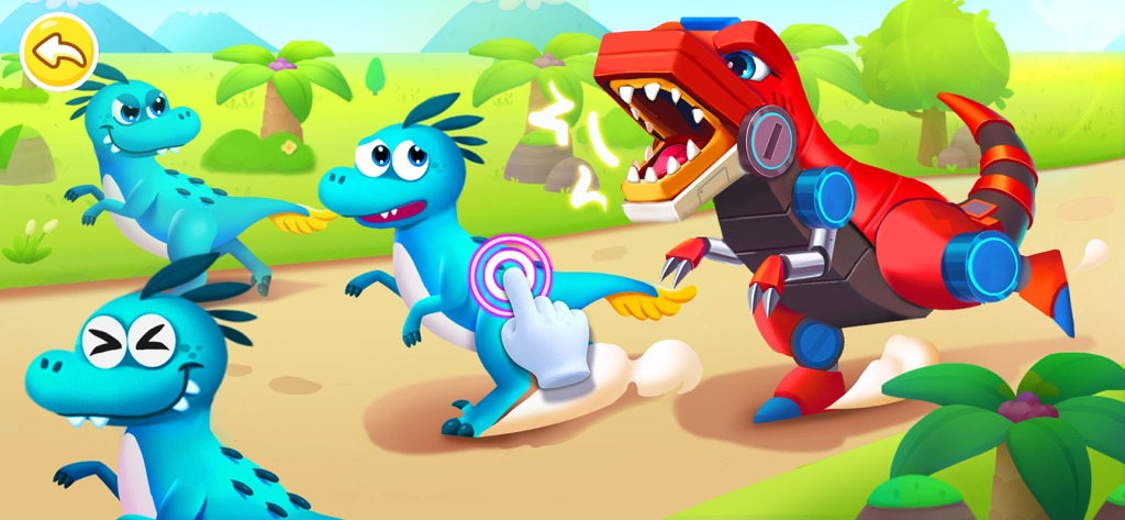 Little Panda: Dinosaur Rescue - A red mechanical dinosaur and blue dinosaurs in a prehistoric landscape with a tap interaction icon