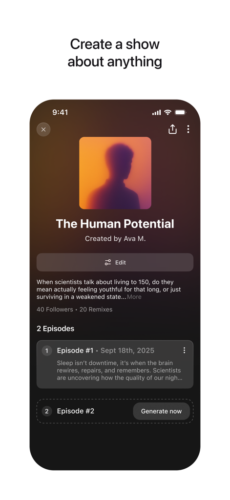 Huxe app screen showing the creation of a personalized AI podcast show titled The Human Potential.